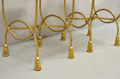 Italian Hollywood Regency Gold Iron Rope Tassel Pink Marble Top Side Table Pair