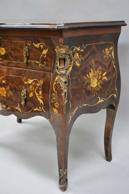 Pair Italian Inlaid French Louis XV Bombe Nightstands Commode by Roma Furniture