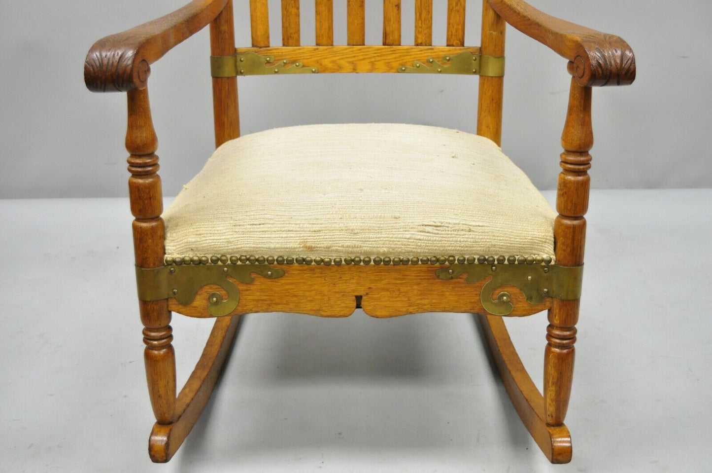 Antique Victorian Oak Wood Arts & Crafts Rocker Rocking Chair with Brass Accents