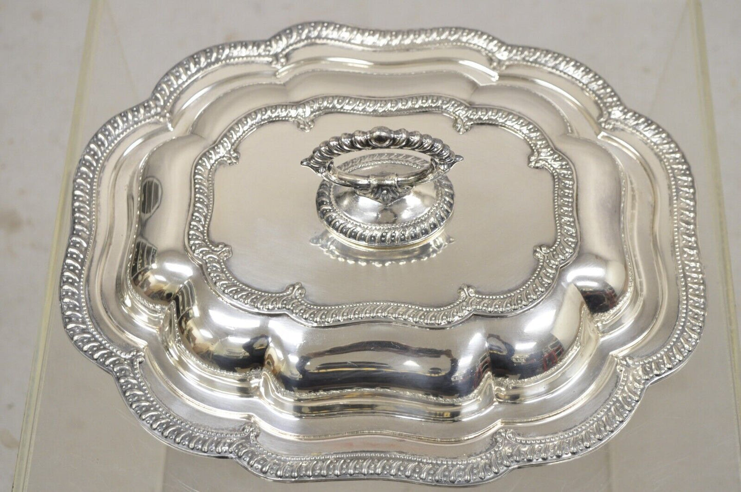 Vintage English Victorian Silver Plated Scalloped Covered Serving Platter Dish