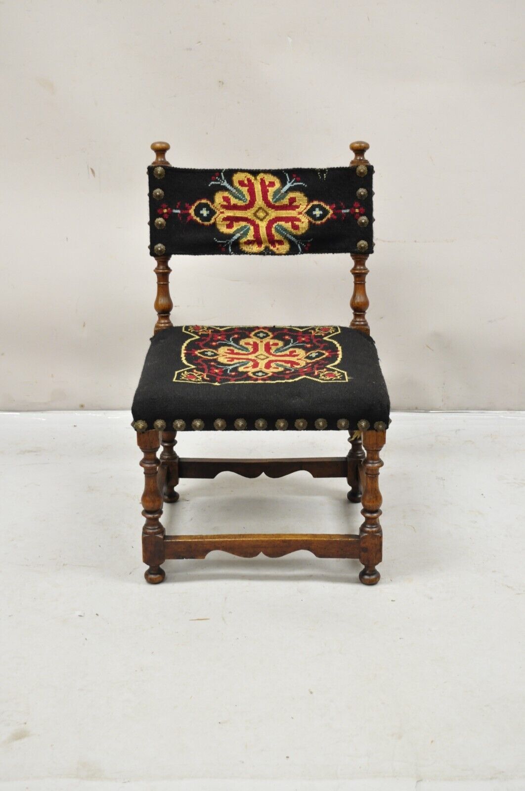 Antique Italian Renaissance Turn Carved Walnut Tapestry Small Childs Side Chair