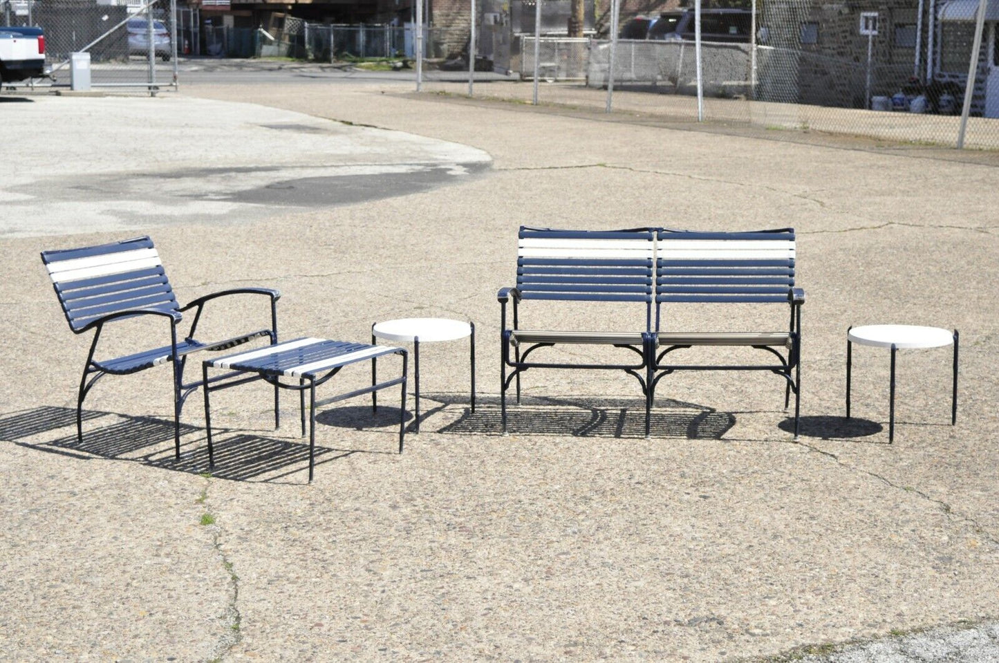 Vintage Faux Bamboo Aluminum Vinyl Straps Blue Patio Lounge Chair and Ottoman