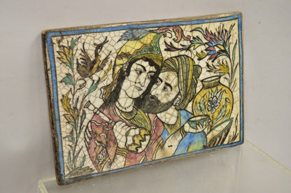 Antique Persian Iznik Qajar Style Ceramic Pottery Tile Bearded Man and Woman C2