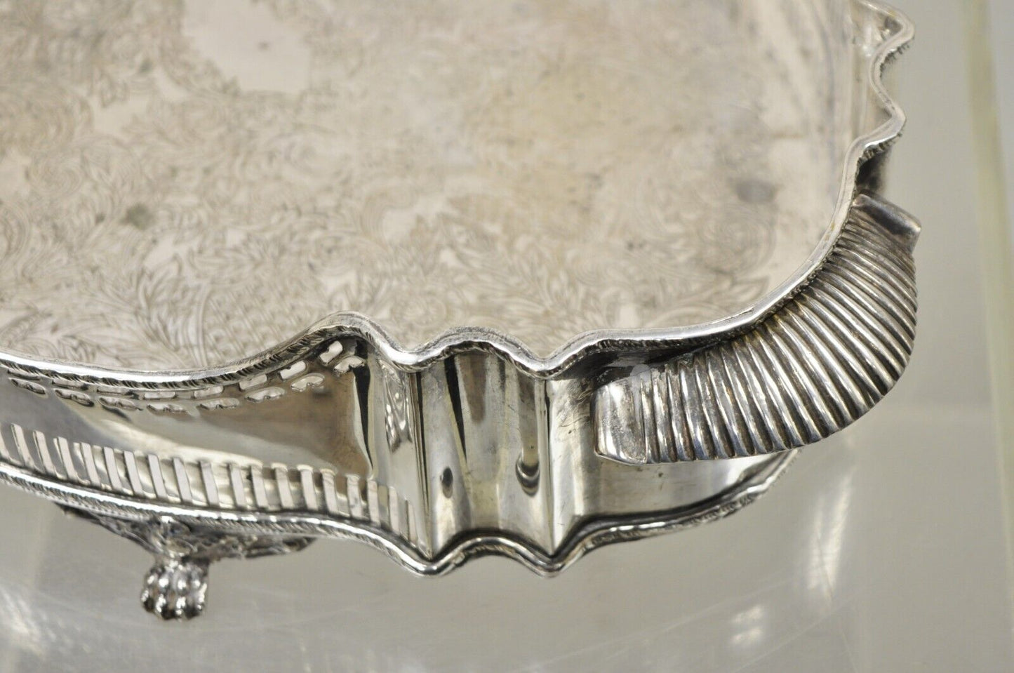 Vtg Silver Plated Shapely Serving Platter Tray with Pierced Gallery on Paw Feet