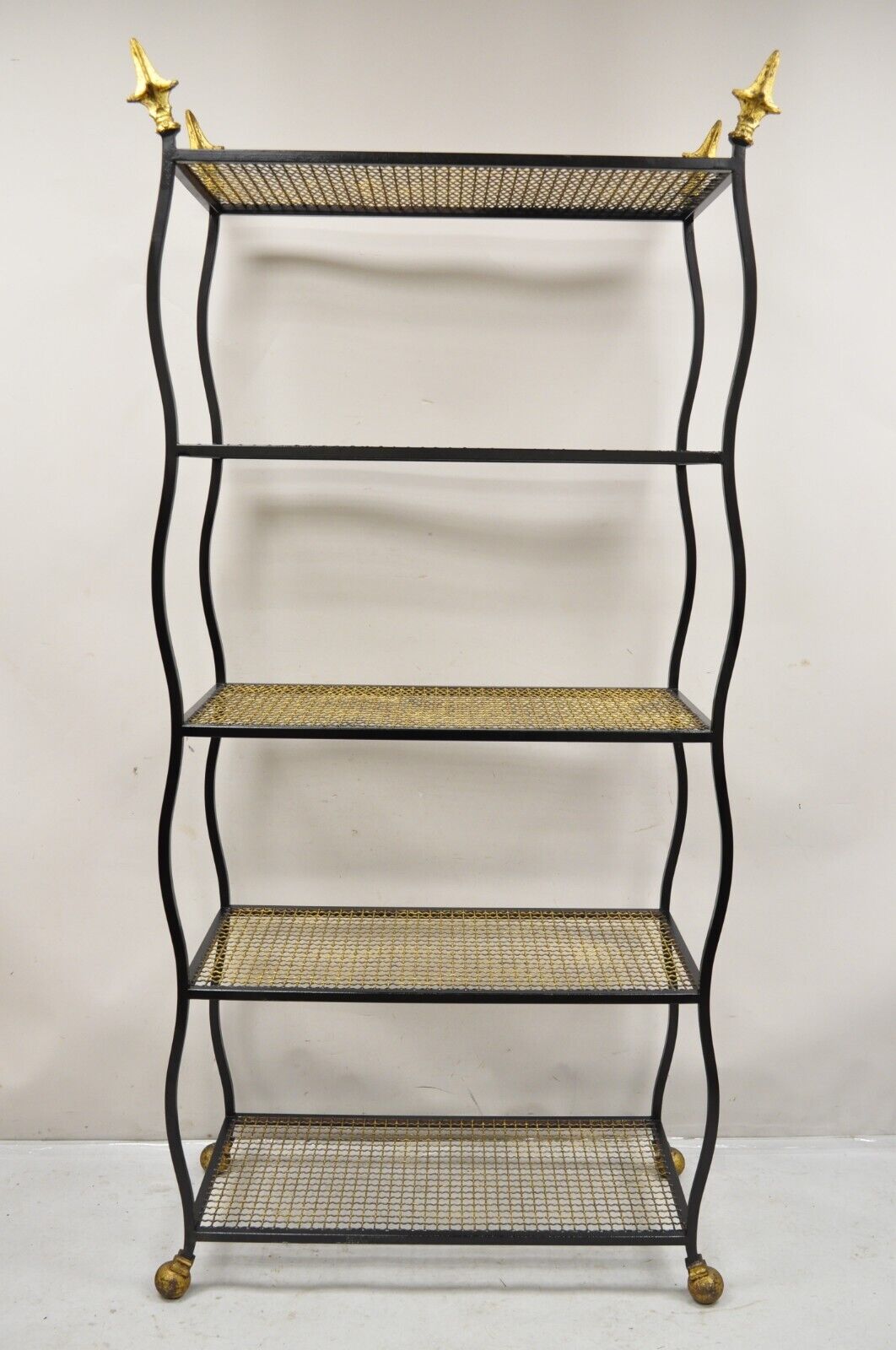 Vintage Italian Hollywood Regency Wrought  Iron Black and Gold Bookshelf Etagere