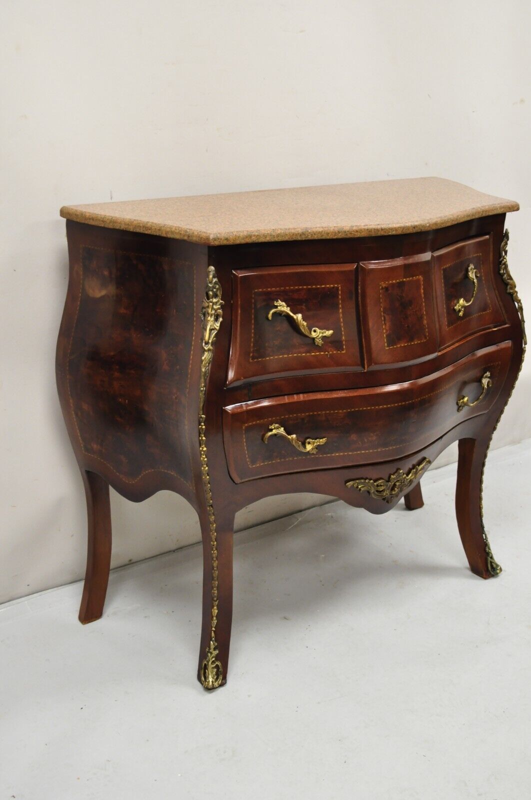 Vintage French Louis XV Style Marble Top Bombe Chest Dresser Commode