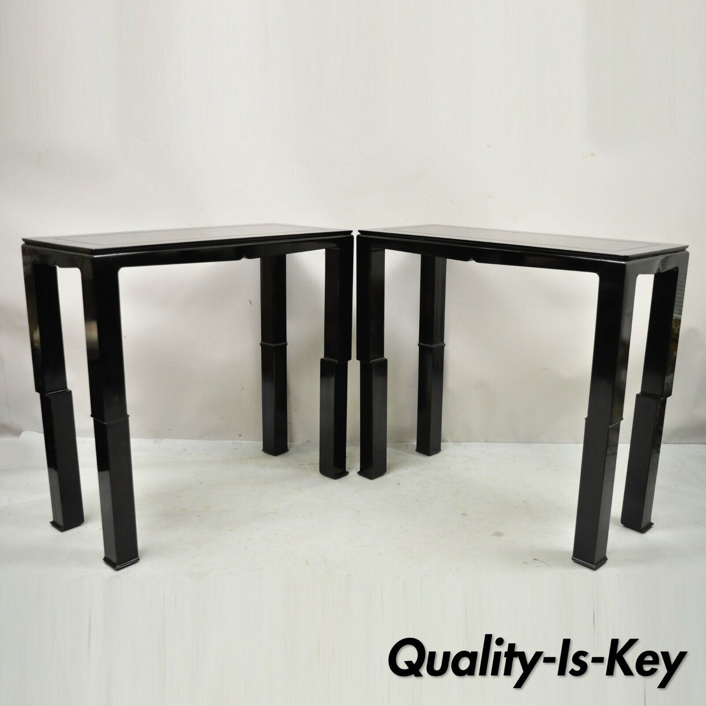 Black Lacquer James Mont Style Oriental Modern Sofa Hall Console Tables - Pair