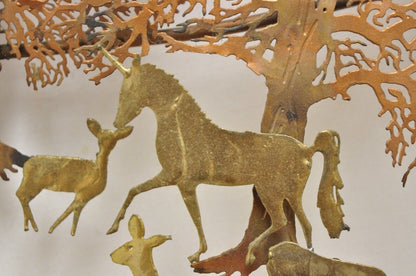 Bijan Mid Century Brutalist Copper Brass Wall Art Sculpture Unicorn Deer Trees
