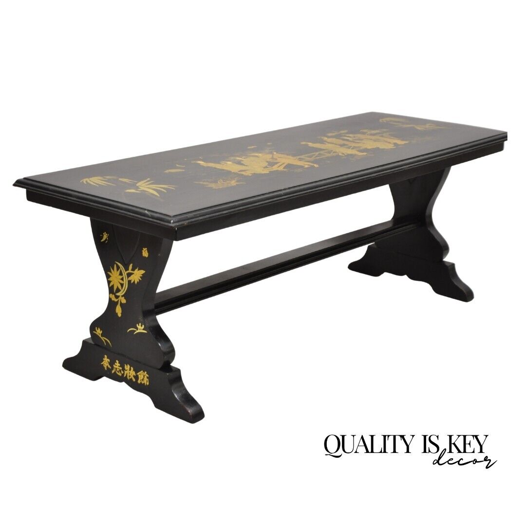 Vintage Chinoiserie Asian Inspired Black Painted Gold Gilt Trestle Coffee Table