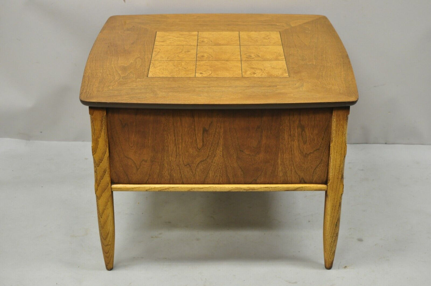 Lane Mid Century Modern Walnut 2 Drawer Lamp End Table with Burlwood Inlay Top