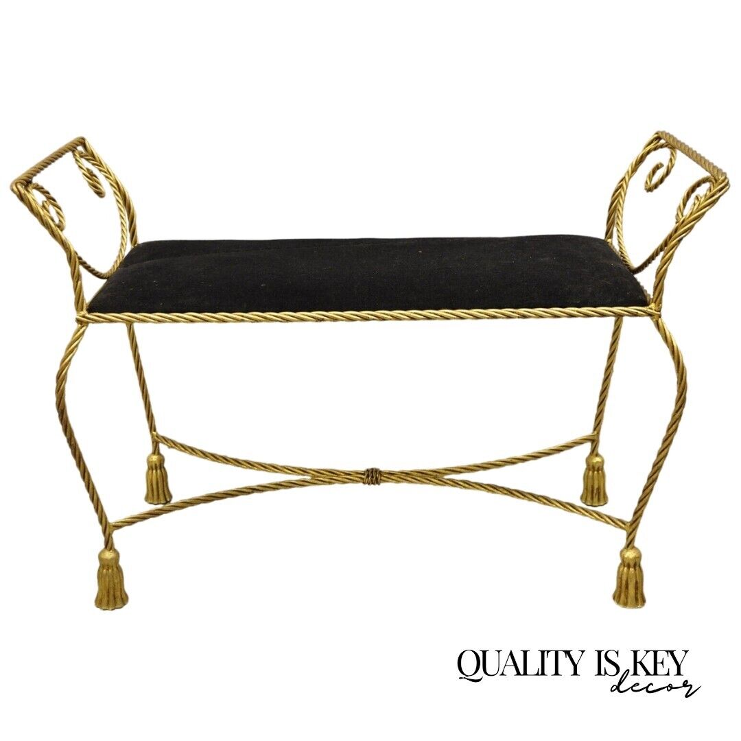 Vtg Italian Hollywood Regency Iron Rope & Tassel Gold Gilt Leaf Bench Black Seat