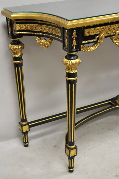 Labarge French Louis XVI Italian Black Lacquer Gold Gilt Jansen Console Table