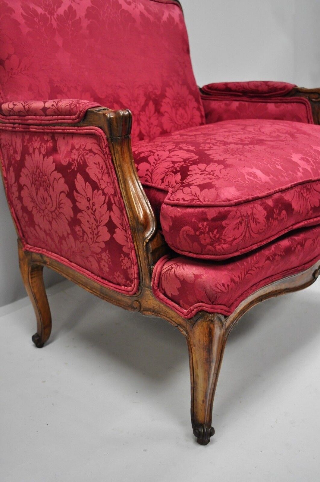 Antique French Country Louis XV Style Walnut Burgundy Small Wingback Settee