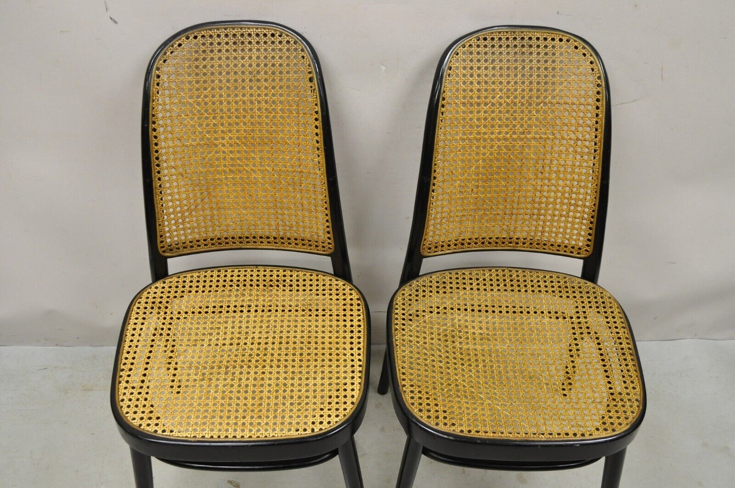 Vintage Ligna Bentwood Black Ebonized Cane Bistro Side Chairs - a Pair