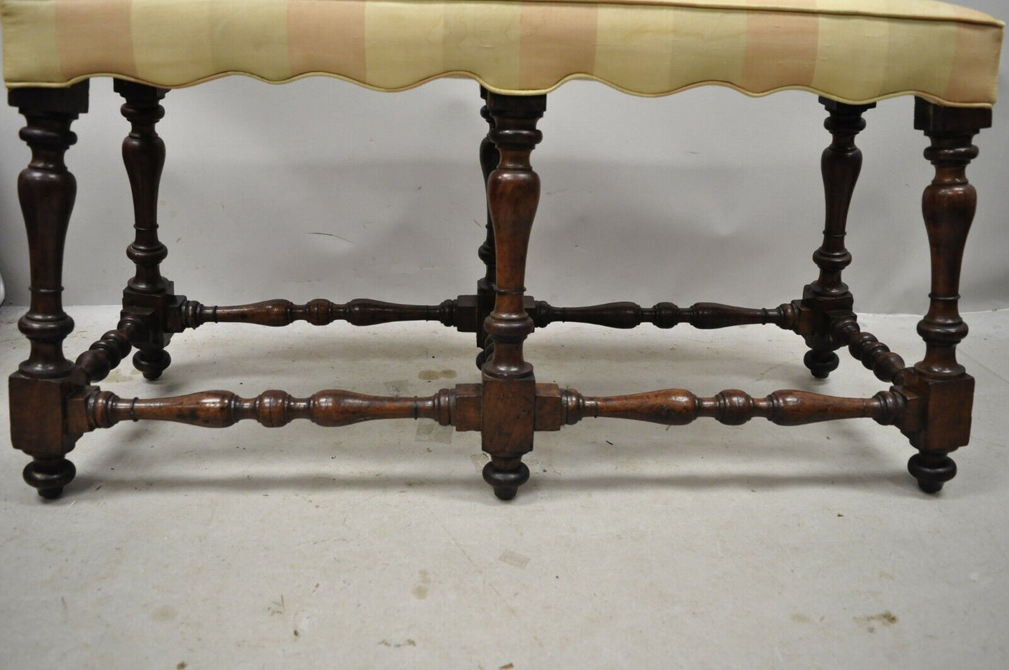 Antique Italian Renaissance Jacobean 6 Turn Carved Walnut Legs Upholstered Bench