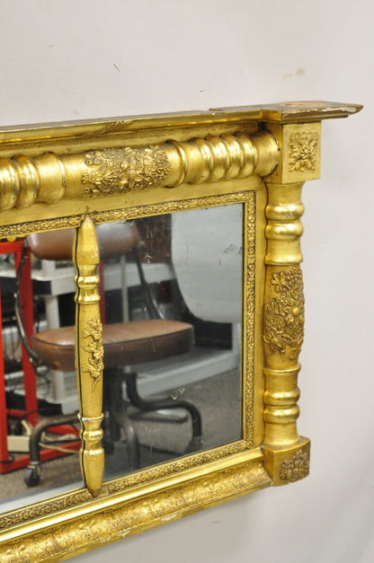 Antique American Federal Gold Giltwood Overmantle 66" Triple Mirror