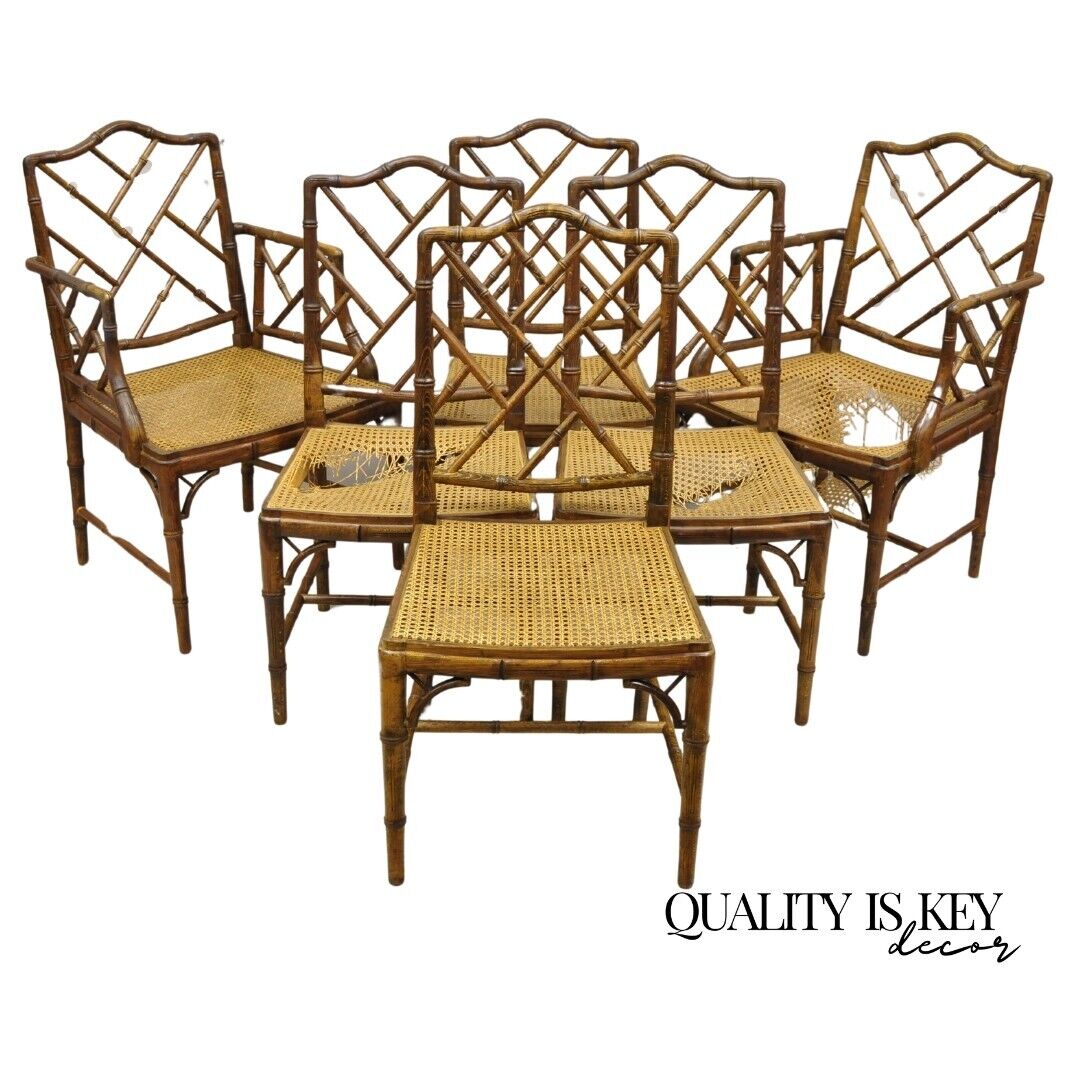Chinese Chippendale Hollywood Regency Faux Bamboo Cane Dining Chairs - Set of 6