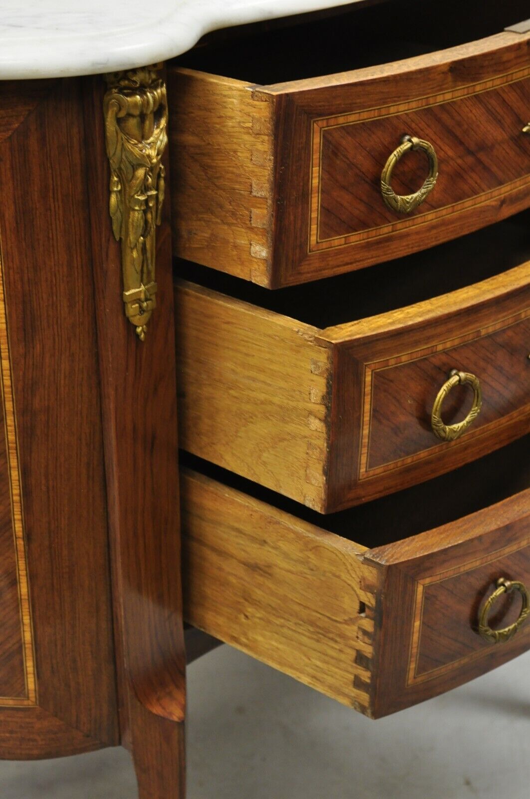 Antique French Louis XV Style Marble Top Bombe Commode Nightstand Bronze Ormolu