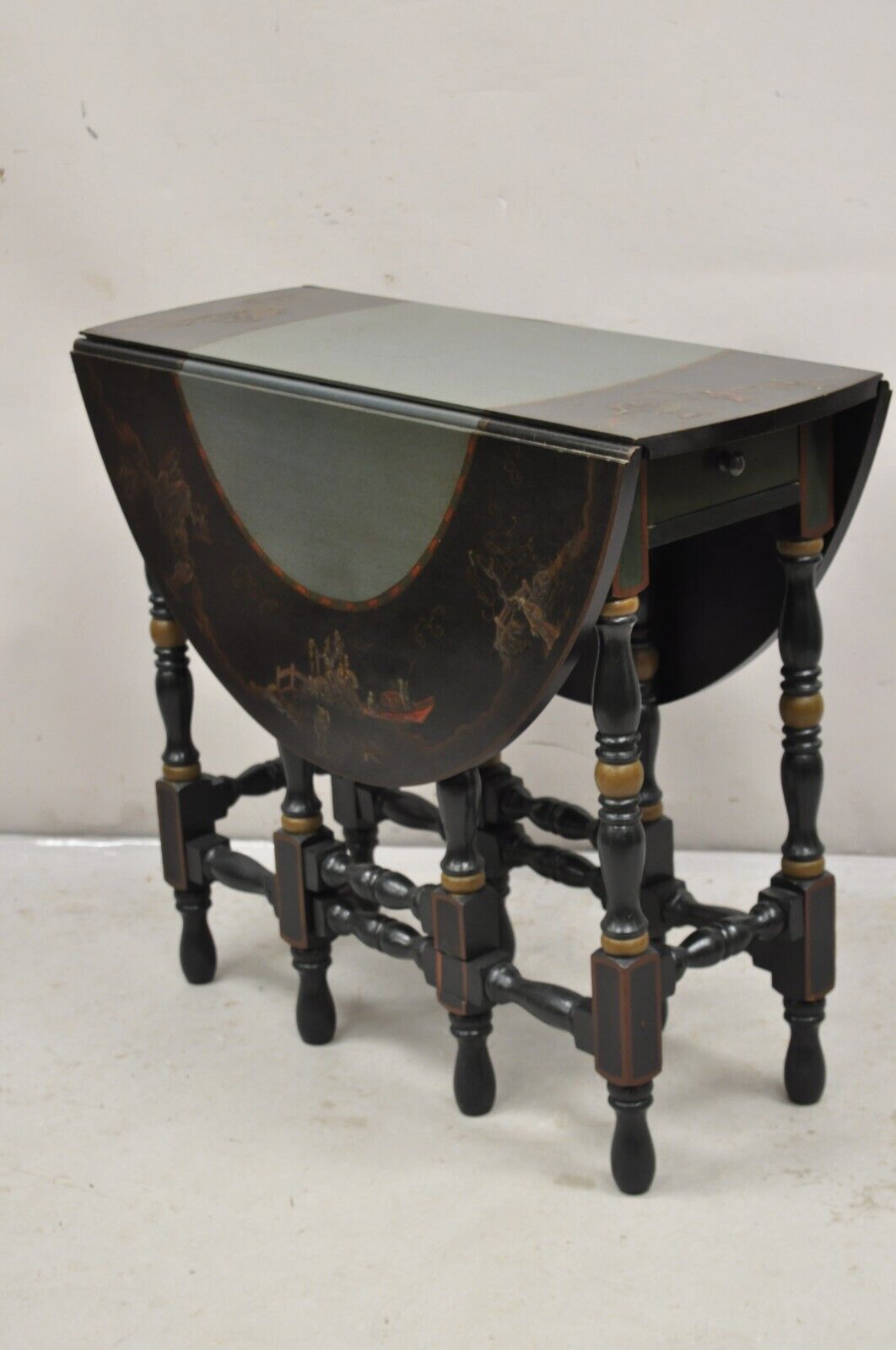 Antique Chinoiserie Lacquered Chinese Gate Leg Drop Leaf Blue Oval Side Table