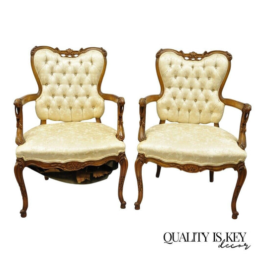 Pair of Hollywood Regency French Louis XV Style Carved Chairs Fireside Armchairs