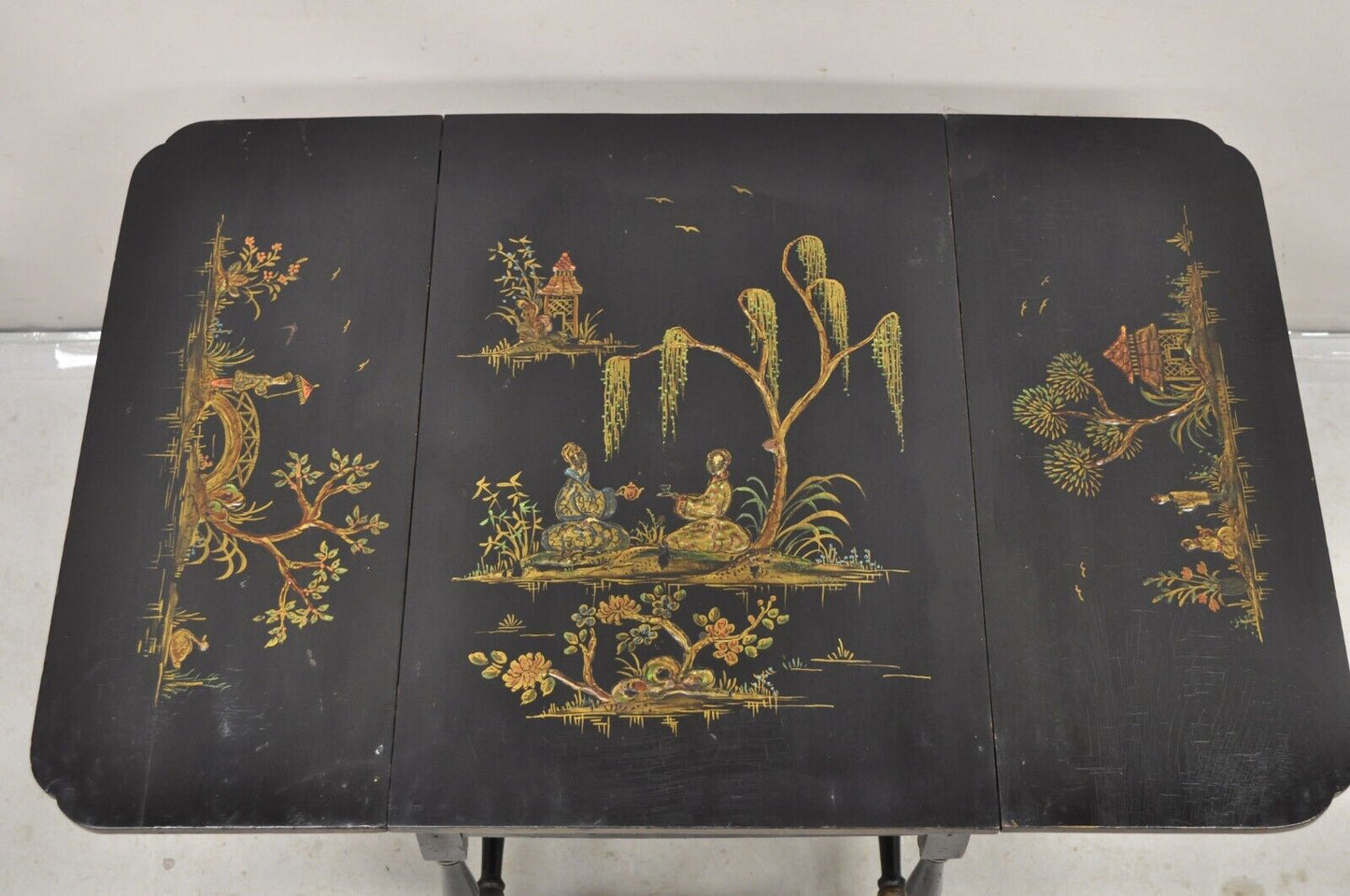 Antique Chinoiserie Asian Painted Small Black Dropleaf Side Table