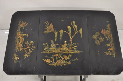 Antique Chinoiserie Asian Painted Small Black Dropleaf Side Table