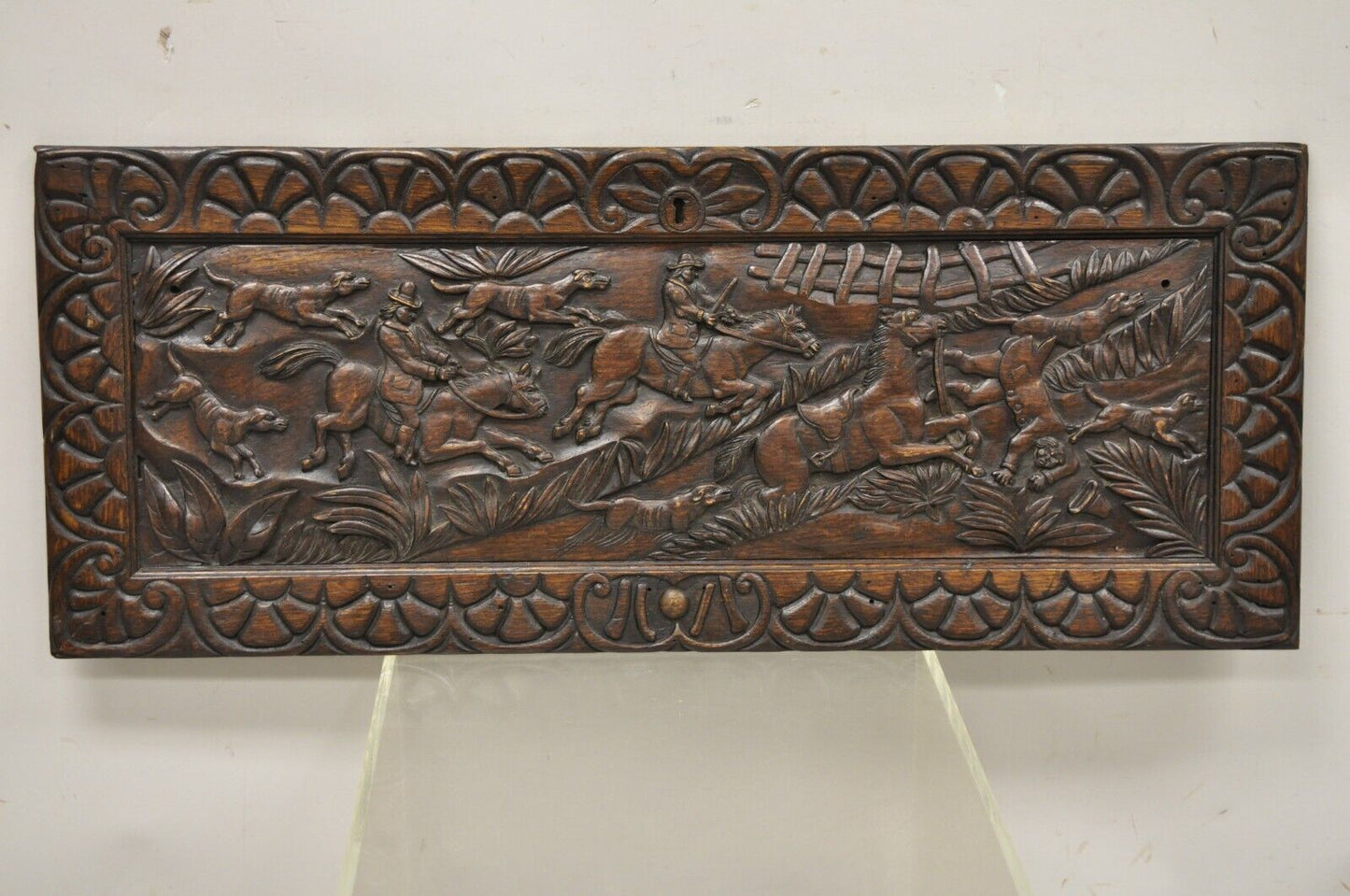 Antique Oak Jacobean Relief Carved Hunt Scene Architectural Wall Panel Plaque