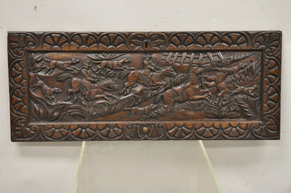 Antique Oak Jacobean Relief Carved Hunt Scene Architectural Wall Panel Plaque