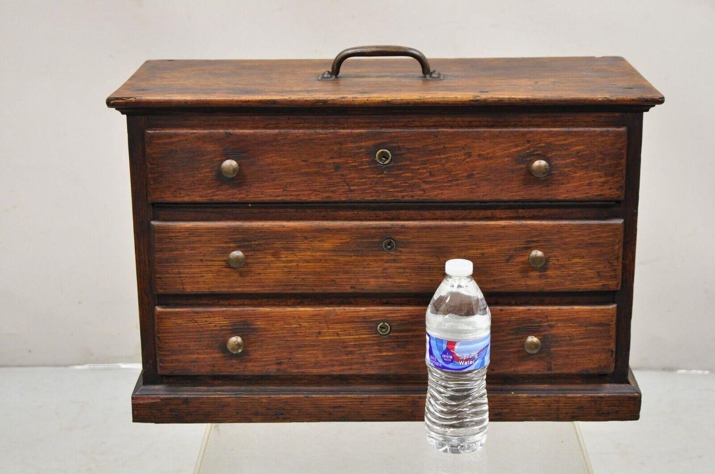 Antique Primitive Rustic Oak Wood 3 Drawer Tool Box Storage Chest with Handle