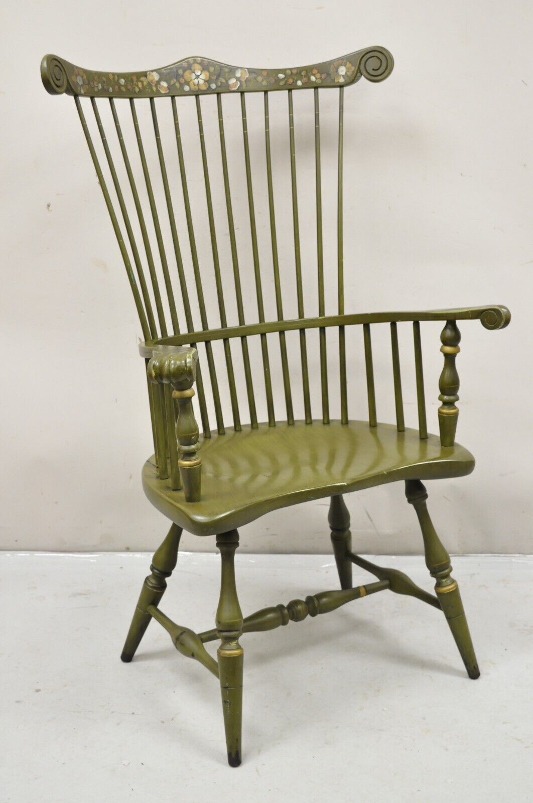 Vintage Ethan Allen Green Chancellor's Chair Stencil Painted Hitchcock Style