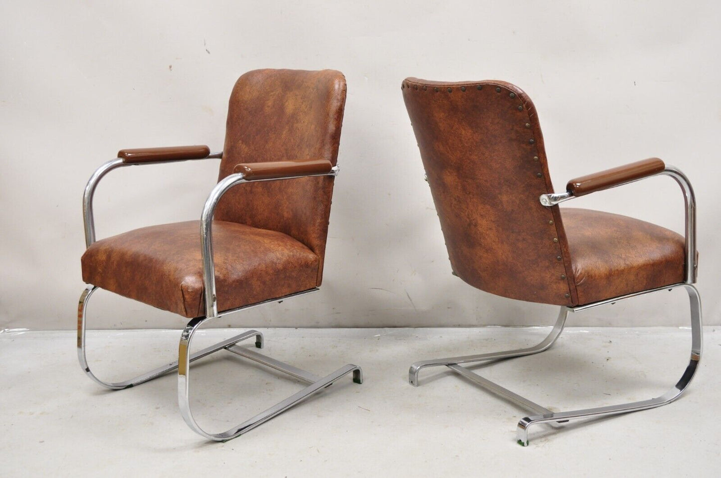 Vintage Lloyd Mfg Kem Weber Art Deco Steel Cantilever Lounge Chairs - a Pair