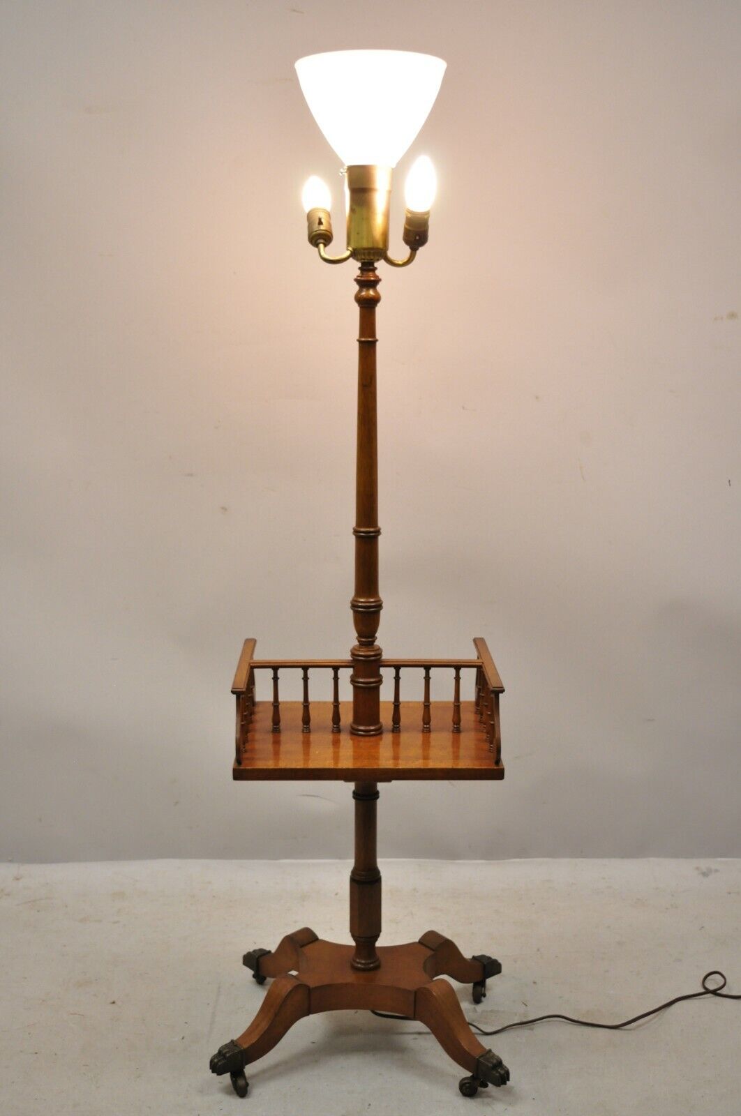 Vintage English Regency Style Mahogany Floor Table Lamp with Carved Harp Gallery