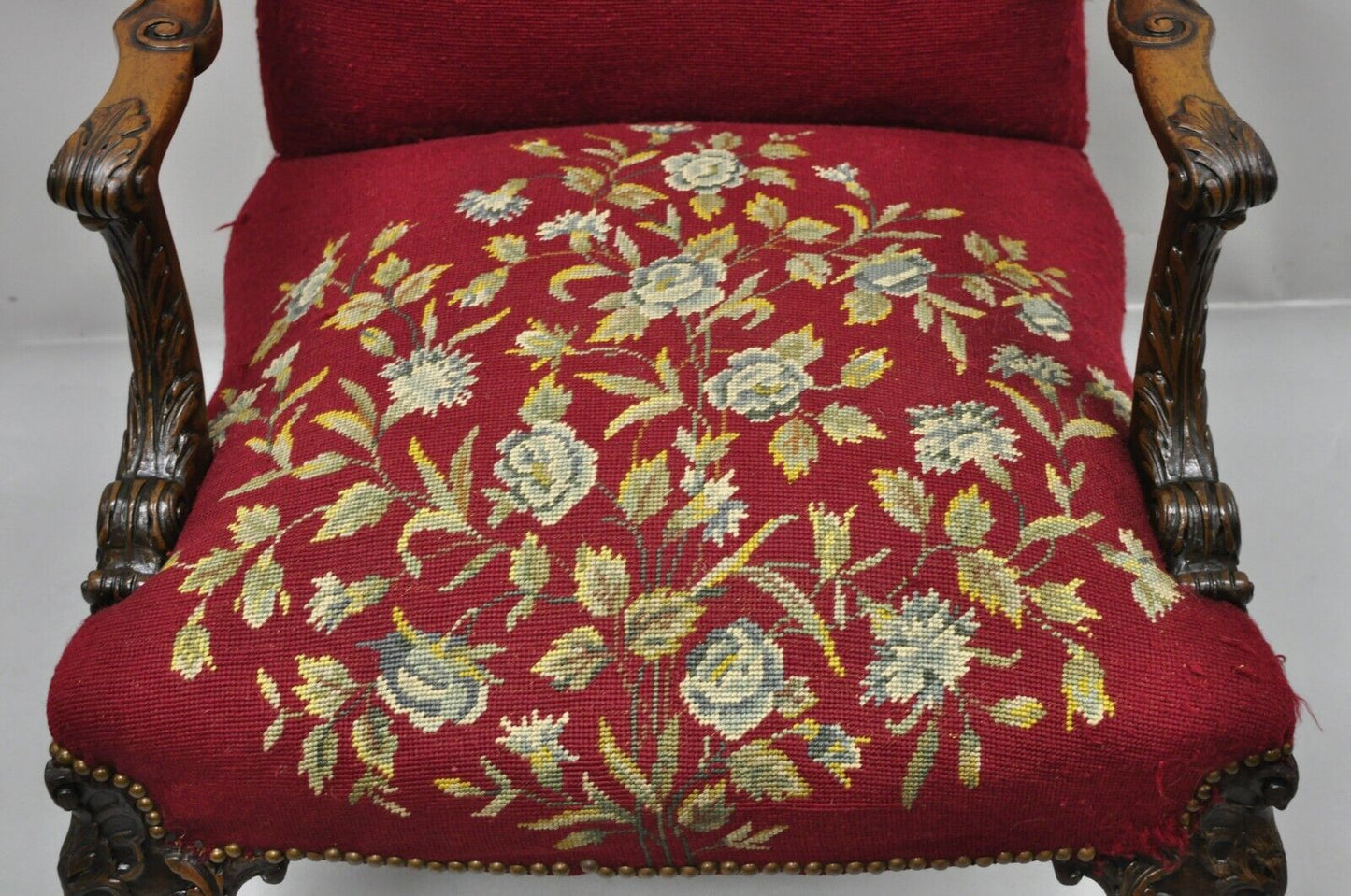 Antique Georgian Floral Needlepoint Carved Mahogany Fireside Lounge Arm Chair