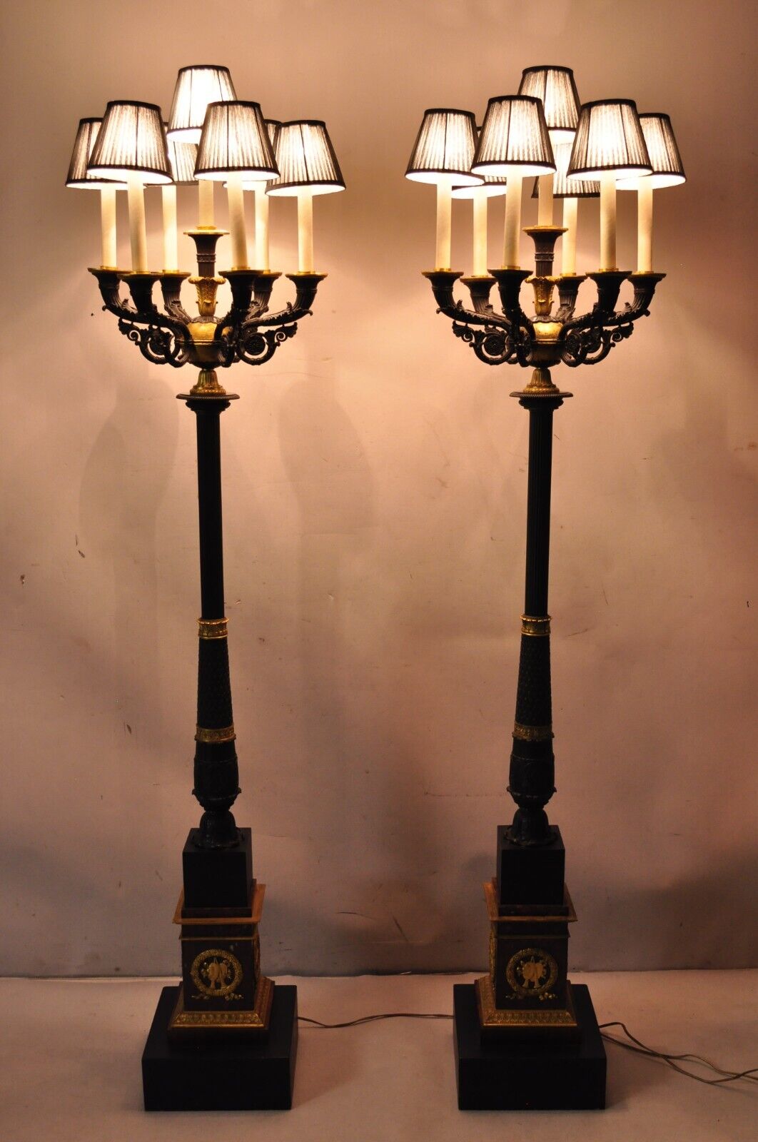 French Empire 68" Tall Bronze & Marble Lighted Candelabra Torchere Floor Lamps