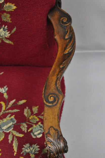 Antique Georgian Floral Needlepoint Carved Mahogany Fireside Lounge Arm Chair