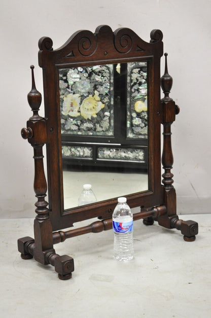 Antique Jacobean Style Oak Wood Pivoting Dresser Shaving Mirror