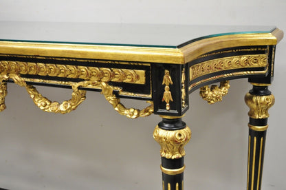 Labarge French Louis XVI Italian Black Lacquer Gold Gilt Jansen Console Table