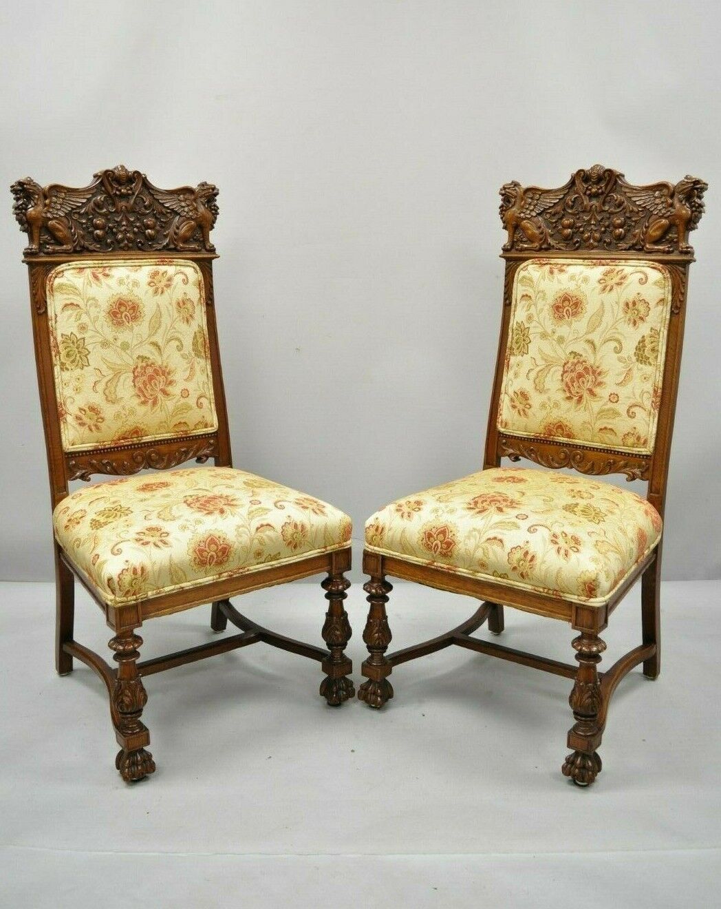 Pair 19th C. Carved Oak Winged Griffin Paw Foot Dining Chairs Attr. RJ Horner