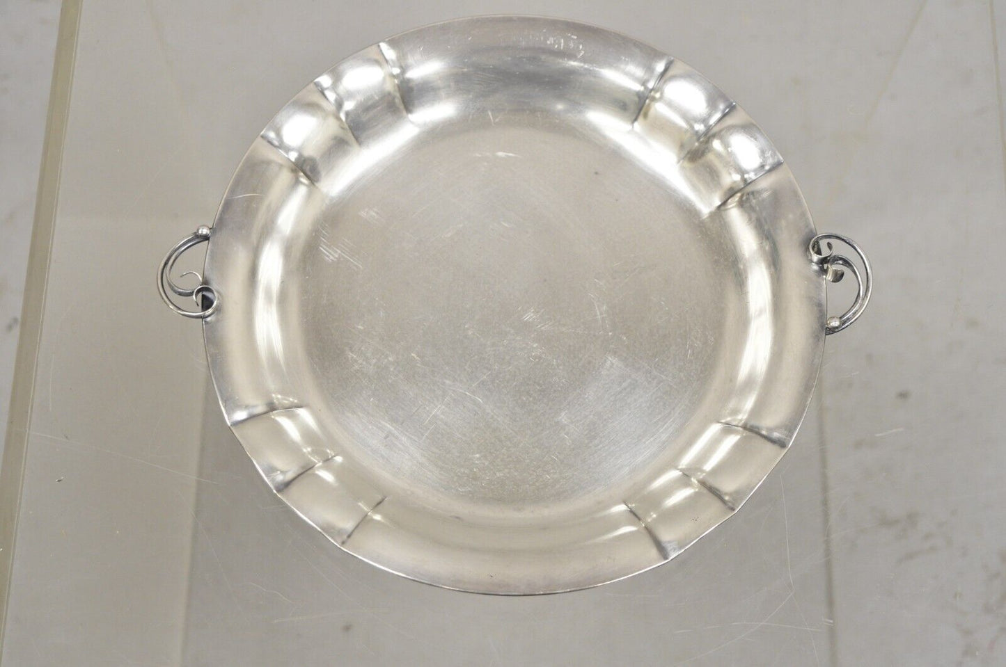 Vintage Denmark Art Nouveau Round Silver Plated Dish with Scrolling Handles