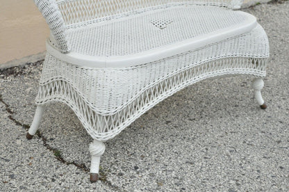 Antique Victorian White Wicker Barrel Back Small Settee Loveseat Sofa Cane Seat