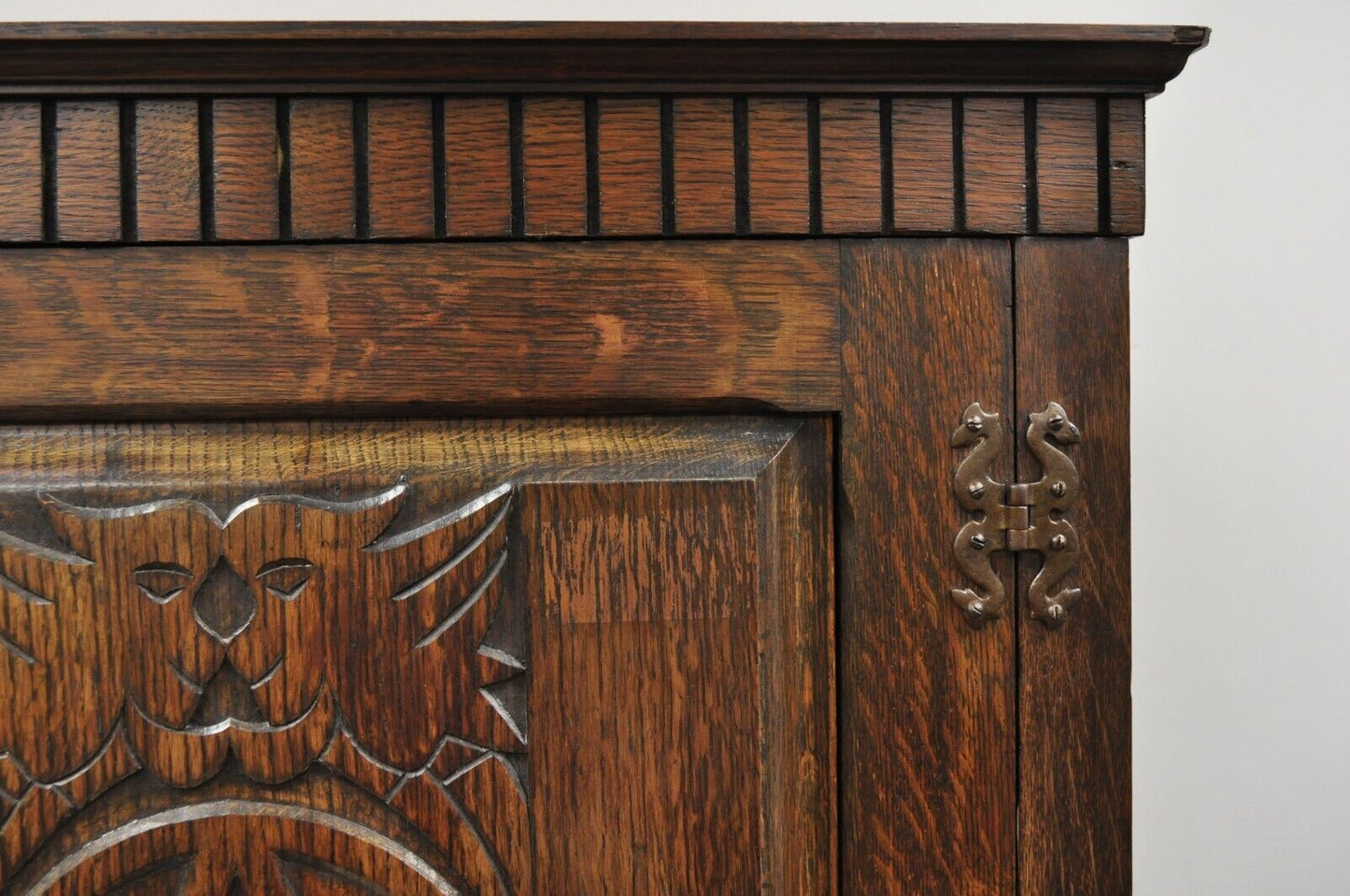 Antique Belgium Renaissance Jacobean Figural Carved Oak Large Wardrobe Cabinet