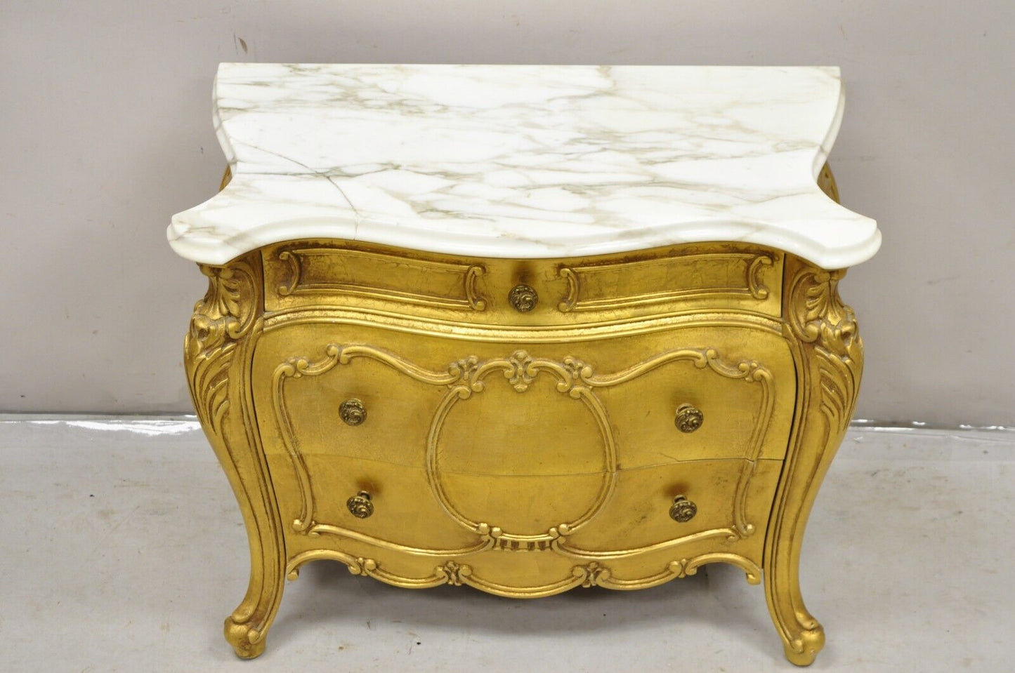 Vintage Daniel Jones French Louis XV Style Gold Bombe Marble Top Nightstand