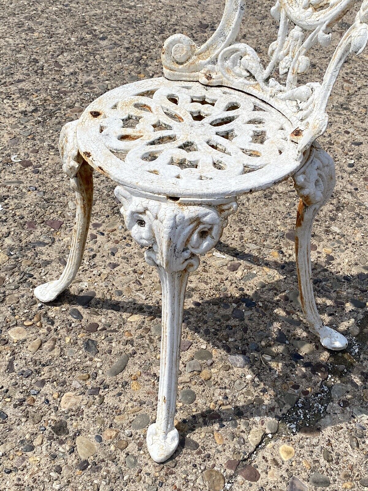 Antique French Victorian Cast Iron White Small Garden Patio Side Chair