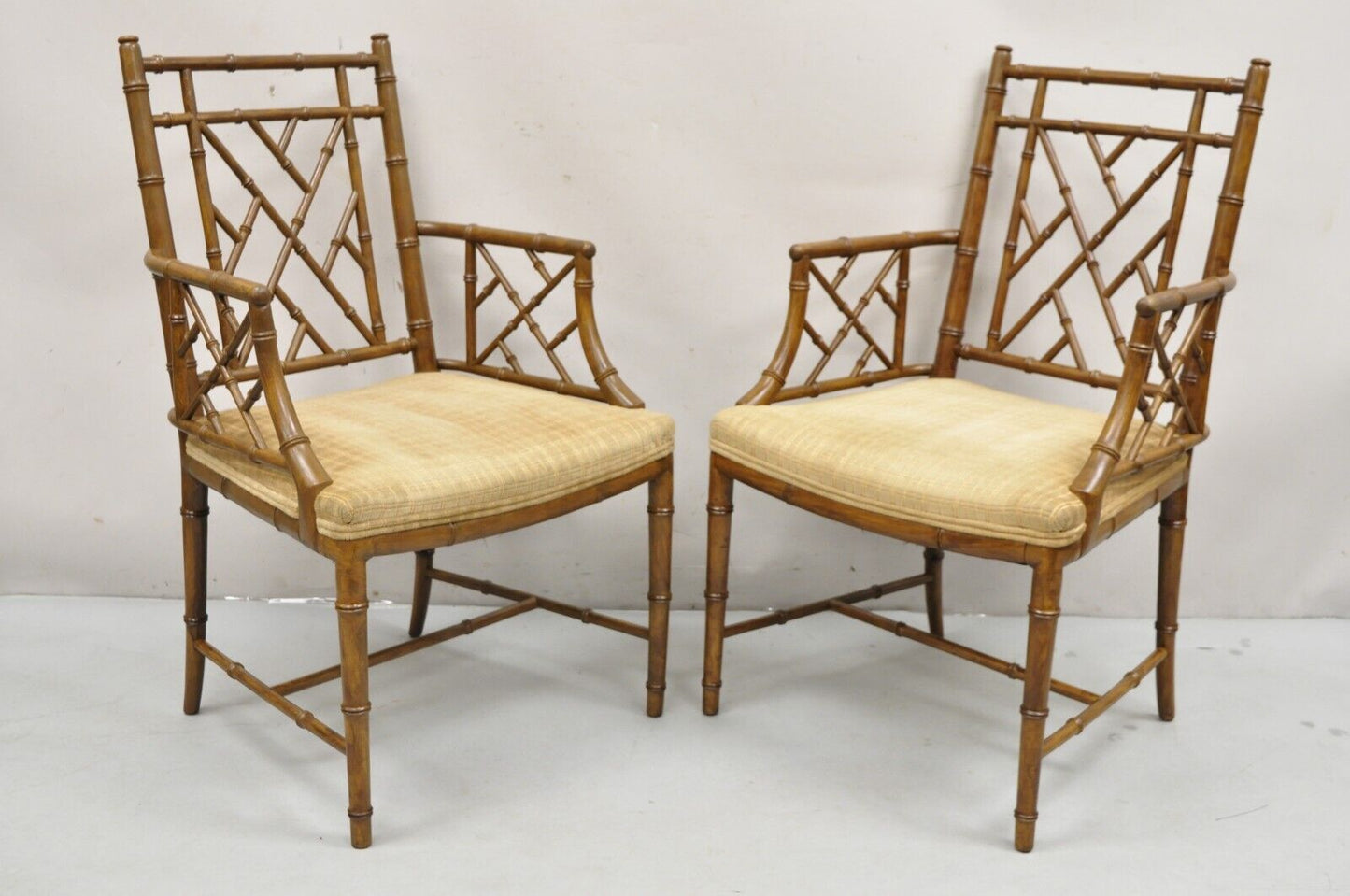 Hollywood Regency Faux Bamboo Fretwork Chinese Chippendale Arm Chairs - Pair