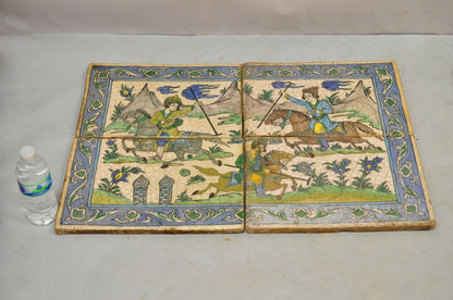 Antique Persian Iznik Qajar Style Ceramic Pottery Tile Mosaic Polo Players C7