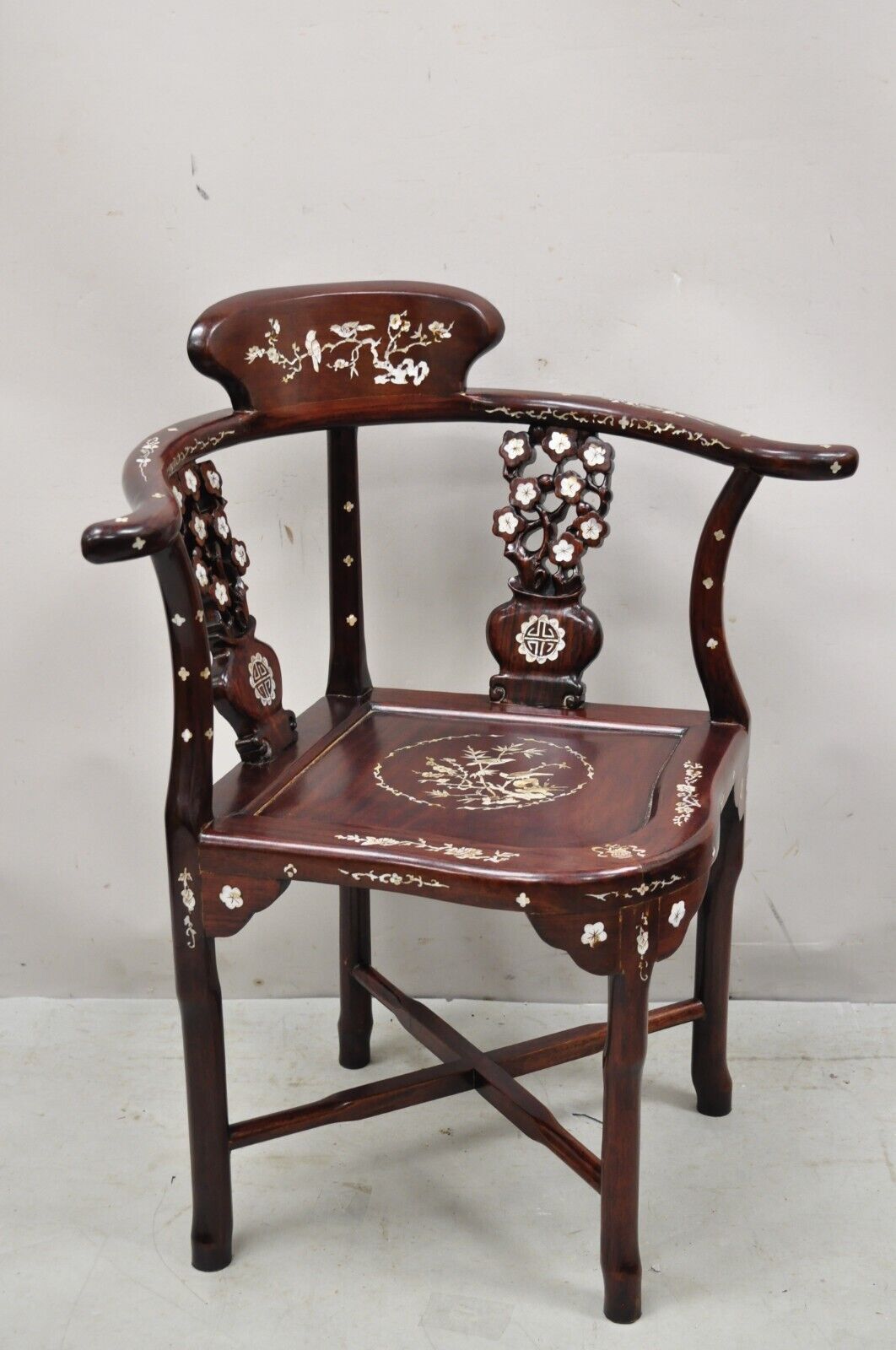 Vintage Chinese Carved Hardwood Corner Lounge Chair with Mother of Pearl Inlay