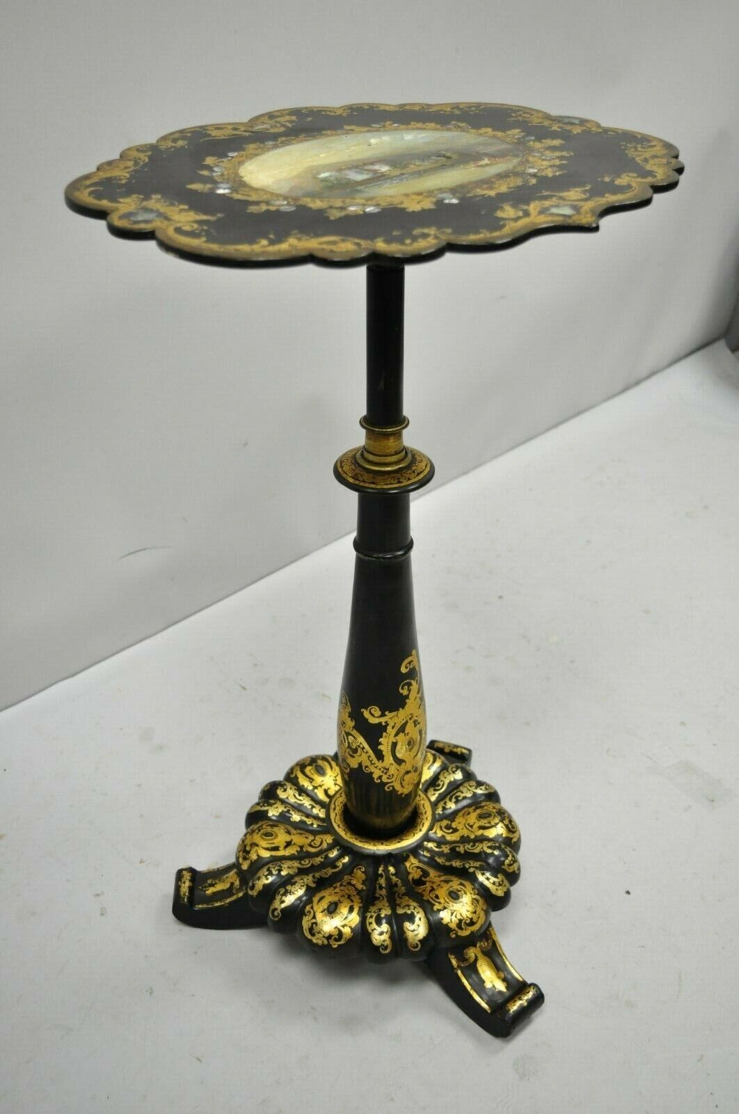 Antique 19th C. Victorian Papier Mache Mother of Pearl Inlay Pedestal Side Table