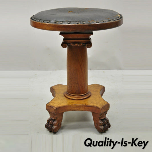 19th C. American Empire Mahogany Carved Column Paw Feet Swivel Leather Stool