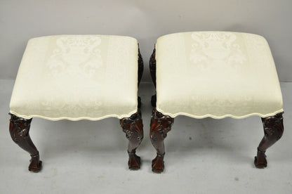 English Georgian Chippendale Style Carved Mahogany Ball and Claw Stools - Pair