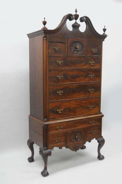 19th C. Crotch Mahogany Chippendale Ball and Claw Highboy Tall Chest of Drawers